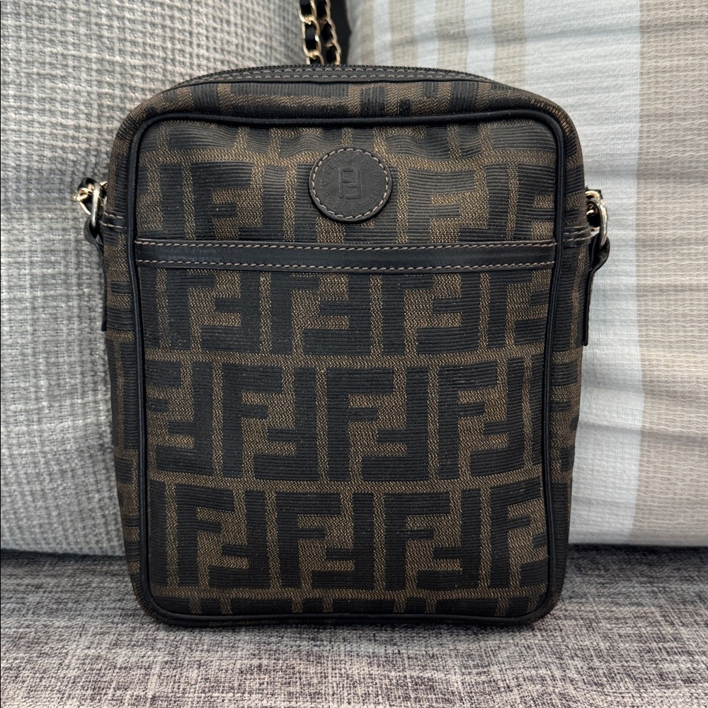 Fendi Black and Brown Small Monogram  Messenger Crossbody Bag W/ Unbranded Chain